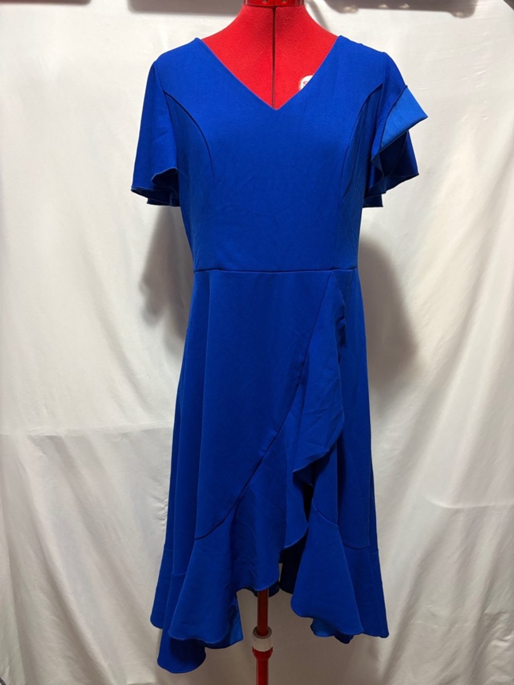 V-Neck Cobalt Blue Midi Dress with Ruffle Detail